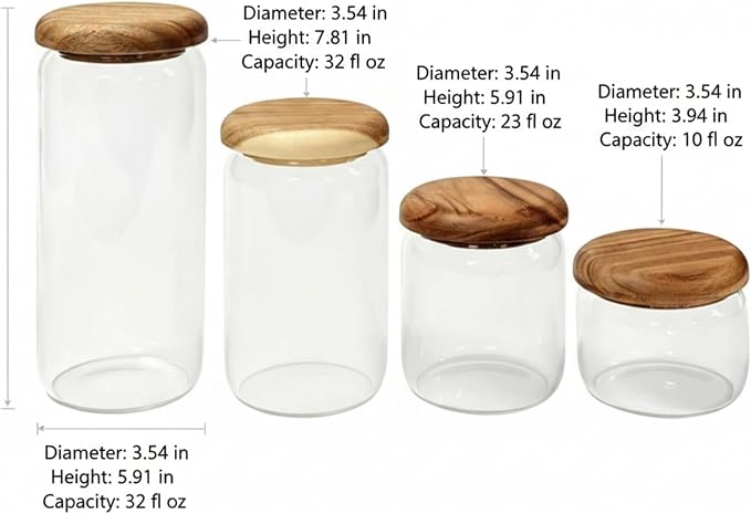 4-Pack Wide Mouth Mason Jars with Measuring Spoons, Acacia Wood Lids & Press Seal Design, No Plastic Parts, Dry Food Storage for Pantry, Spice & Kitchen Organization, 10/13/23/32 fl oz.