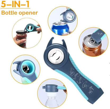 Otstar Jar Openers for Weak Hands, 5 in 1 Bottle Opener for Seniors with Arthritis - Multifunctional Lid Remover Set, Includes Non-slip Rubber Jar Gripper Pad, Wine Opener (Blue and Grey)