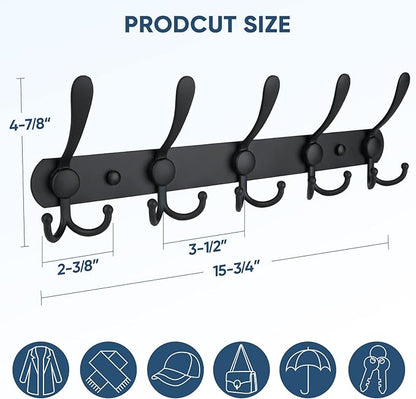 TICONN Wall Mounted Coat Rack, Five Heavy Duty Tri Hooks All Metal Construction for Jacket Coat Hat in Mudroom Entryway (Matte Black, 1-Pack)