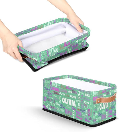 Custom Small Storage Basket Name, Mint Green Rectangular Storage Bins with Handles Organizing Boys Girls Pets Toys Clothes Books for Countertop Toilet Paper Basket Closet Shelf