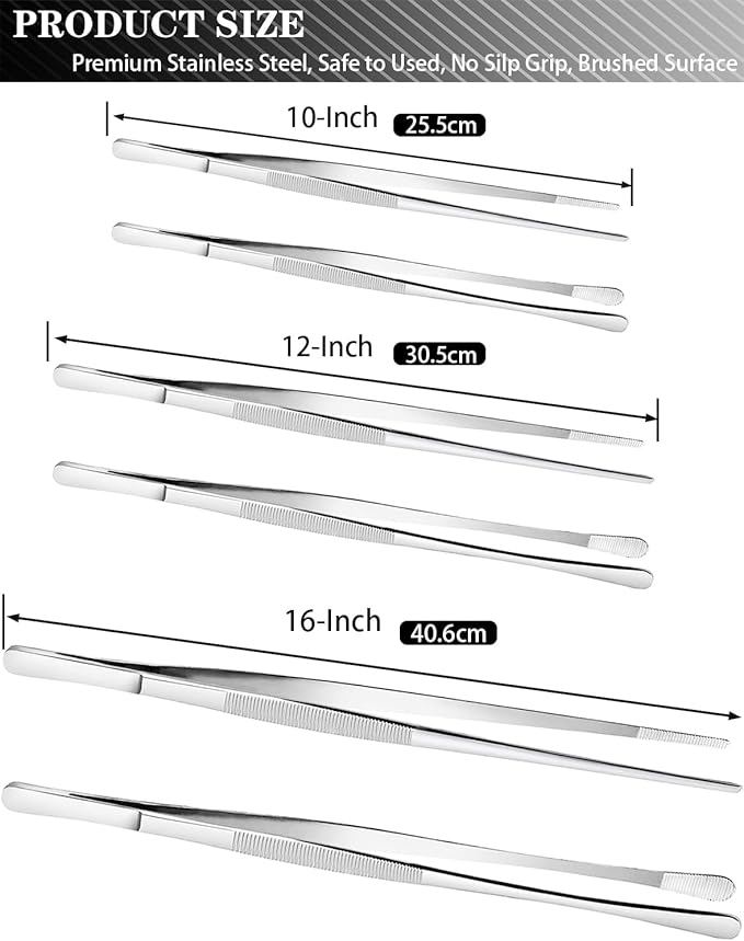 JETKONG 2 Pcs 12-Inch Cooking Tweezers Stainless Steel, Straight Food Tweezers, Professional Kitchen Tweezer/Forceps for Cooking Repairing and BBQ (12-Inch, Silver)