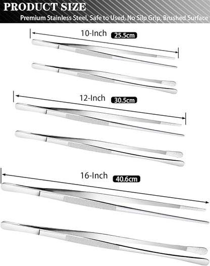 JETKONG 2 Pcs 16'' Tweezer Tongs, Extra Large Food Tweezers, Extra Long Kitchen Tweezers for Cooking Repairing and BBQ (16-Inch, Silver)