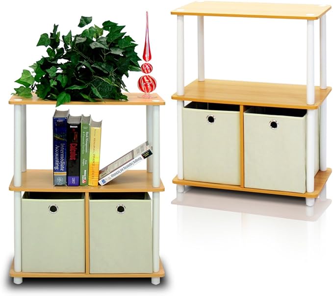 Furinno TURN-N-TUBE Storage Shelves Set of 2, 3-Tier Toolless Book Shelf with Storage Bins, Display Shelf, for Organization and Storage, Living Room, Garage, Home Office, Beech