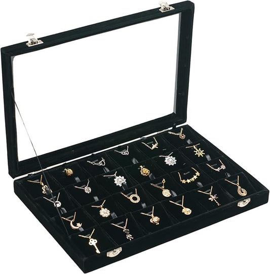 Jewelry Box Necklace Organizer Tray, Black Necklace Display Case Storage Jewelry Necklaces Display Stand 24 Slot Pendant Holder for Women