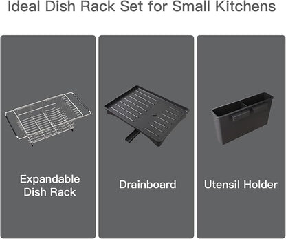 MAJALiS Dish Drying Rack Over The Sink with Utensil Holder, Drainboard | Expandable Stainless Steel Dish Drainer for Small Kitchen, Apartment, RV, Counter Space Saving, Perfect Fit, Rustproof