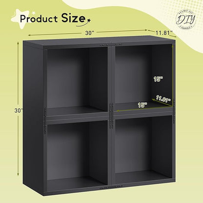 DIY Cube Storage Organizer, Stackable Display Bookcase with Anti-Tip Design, Cube Book Shelf for Bedroom, Office, Dorm, 4 Storage Cube, Black