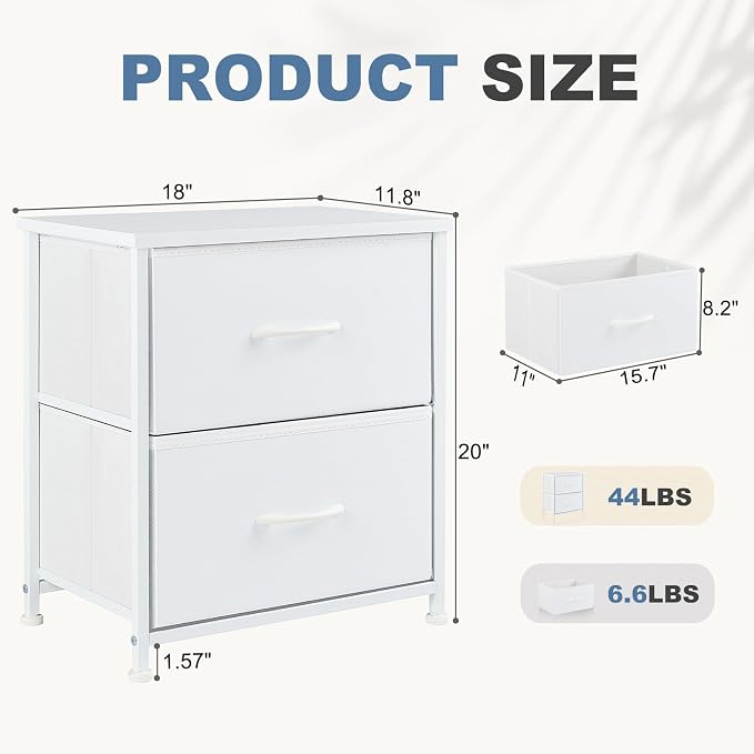 DUMOS Small Night Stand Set of 2 Fabric Drawer Dressers Short Bedside Tables for Room Organization Closet College Dorm Entry Storage 20 Inch Height Furniture,White