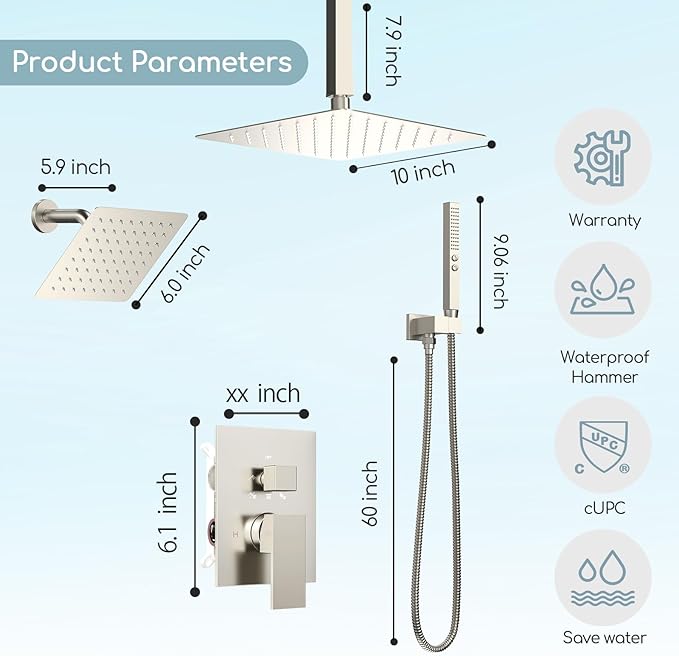 Shower Faucet Set Brushed Nickel Shower System,Bostingner Five Function Diverter Shower Faucet with 2 in 1 Handheld,10'' Ceiling Mount and 6’‘ Wall Mount Shower Head Rainfall Shower Set with Valve
