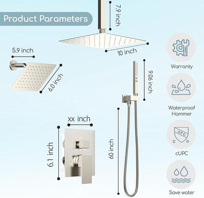 Shower Faucet Set Brushed Nickel Shower System,Bostingner Five Function Diverter Shower Faucet with 2 in 1 Handheld,10'' Ceiling Mount and 6’‘ Wall Mount Shower Head Rainfall Shower Set with Valve