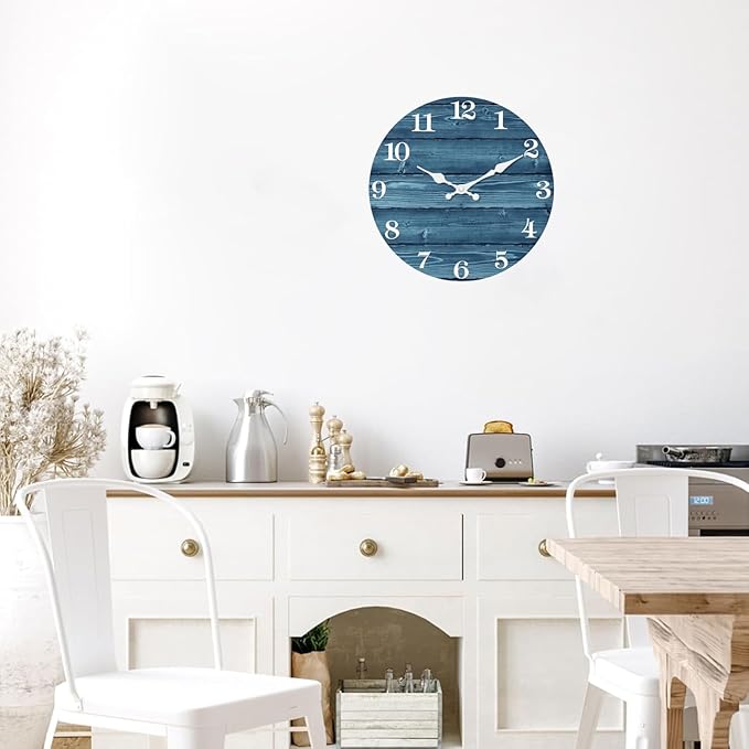 XFM 12 Inch Blue Wall Clocks for Kitchen Living Room Decor Silent Wooden Wall Clock Battery Operated Decorative Farmhouse Clock