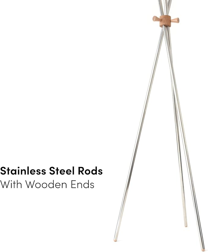 Coat Stand 70", Stainless Steel and Beech Wood, Freestanding Entryway Hall Tree for Hanging Hats/Bags/Purse/Jackets/Accessories, Modern Minimalist Design