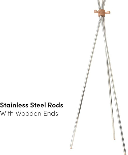 Coat Stand 70", Stainless Steel and Beech Wood, Freestanding Entryway Hall Tree for Hanging Hats/Bags/Purse/Jackets/Accessories, Modern Minimalist Design