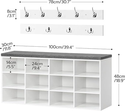 HOOBRO Shoe Storage Bench with Cushion, 39.4" L Entryway Bench with 12 Cubbies, Entryway Hall Tree with Storage, Cubby Shoe Rack Bench with Coat Rack for Hallway, Holds up to 330 lb, White WT112HX01