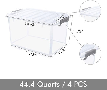 Citylife 44.4 QT Plastic Storage Bins with Latching Lids Stackable Storage Containers for Organizing Large Clear Storage Box for Garage, Closet, Kitchen, 4 Packs