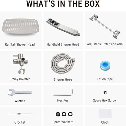 G-Promise All Metal 14 Inch Dual Square Shower Head with Handheld Spray Combo, Rain Shower Head, Adjustable Extension Arm, 3-Way Diverter, 71 Inch Extra Long Hose - A Bathroom Upgrade(Brushed Nickel)