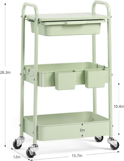 3 Tier Metal Rolling Utility Cart with Drawer & Lockable Wheels - Heavy Duty Multifunctional Storage Organizer with 2 Cups and 4 Hooks for Bathroom, Kitchen, Snack, Craft, Makeup, Baby Essentials