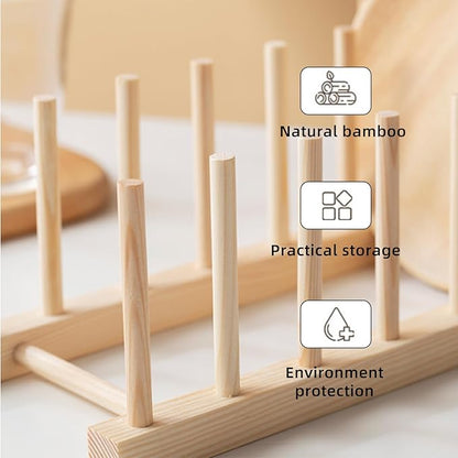2 Pack Bamboo Dish Rack for Kitchen Cabinet and Countertop, Plate Organizer for Cabinet, Bowls, Cups, Utensils, Pot Lids and Bottles, Cutting Board Holder Stand and Storage.