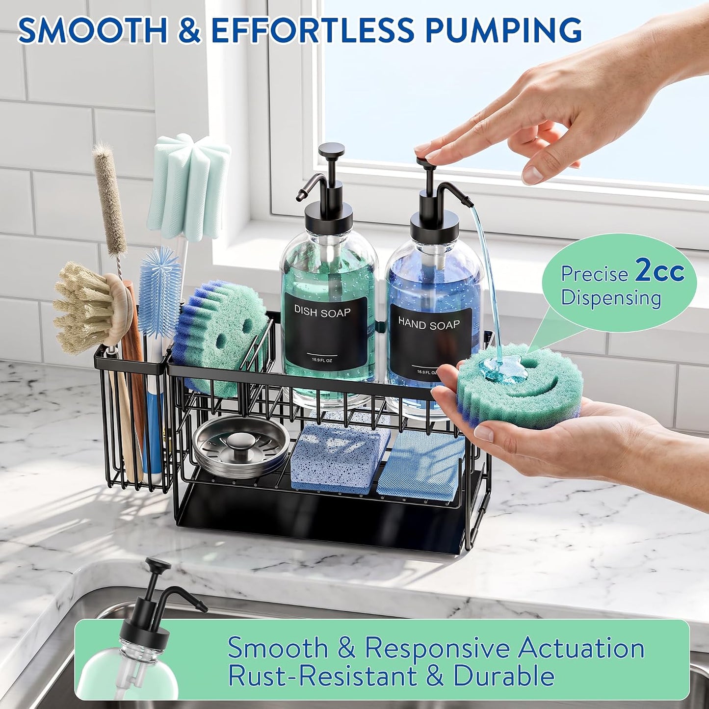 Kitchen Soap Dispenser Set with 2 Tier Sink Caddy with 17oz Glass Bottle | Large Capacity, Automatically Drains Water and Includes a Brush Holder for Storing Long Brushes