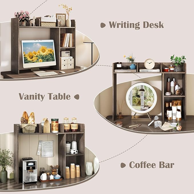 Desk Hutch, Desktop Shelf with 5 Shelves, Desk Bookshelf w/Anti-Toppling Devices, Wood Table Top Bookshelf Organizer, Small Desk Shelf for Study, Office, Dorm (Grey, 5 Shelves)