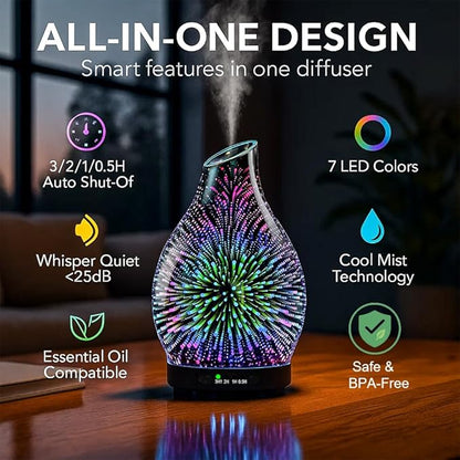 Essential Oil Diffuser & Essential Oils Set, Glass Aromatherapy Diffuser, 6 Oils Gift Pack (Lavender Tea Tree Lemongrass Sweet Orange Eucalyptus Peppermint)