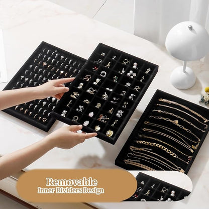 Large Velvet Jewelry Tray 2 Pack Stackable Jewelry Display Drawer Inserts Trays Organizer for Earring Bracelet Necklace Ring (Black, 40 Grids)