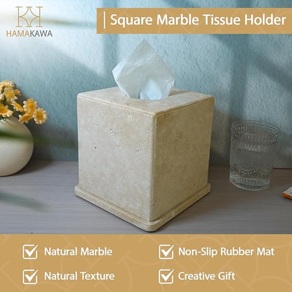 Natural Marble Tissue Box Cover, Beige Tissue Organizer 6 x 6 x 6 Inch, Heavy Stone Decorative Box, Square Tissue Box Holder for Home Decor, Kitchen, Bathroom, Bedroom