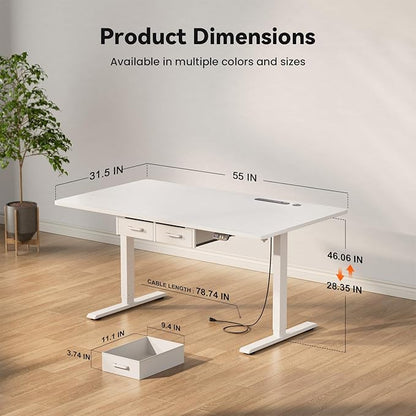 HLDIRECT Electric Standing Desk, 55 x 31.5 Inches Height Adjustable Table with Outlets, Sit Stand Computer Desk with Drawers for Home Office, Ergonomic Rising Workstation, White