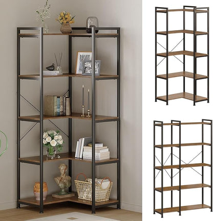 Tohomeor Bookshelf 5 Tier Deformable Corner Bookcase Free Standing Modern Industrial Book Storage Display Book Shelf for Bedroom Living Room Study Room Office (Brown)