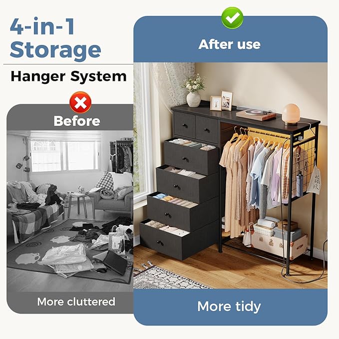 OLIXIS 6 Storage for Bedroom with Hanging Rack with LED Lights & Charging Station, Fabric Chest of Storage with Rack, Wooden Top, for Home Living Room Entryway Black