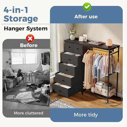OLIXIS 6 Storage for Bedroom with Hanging Rack with LED Lights & Charging Station, Fabric Chest of Storage with Rack, Wooden Top, for Home Living Room Entryway Black