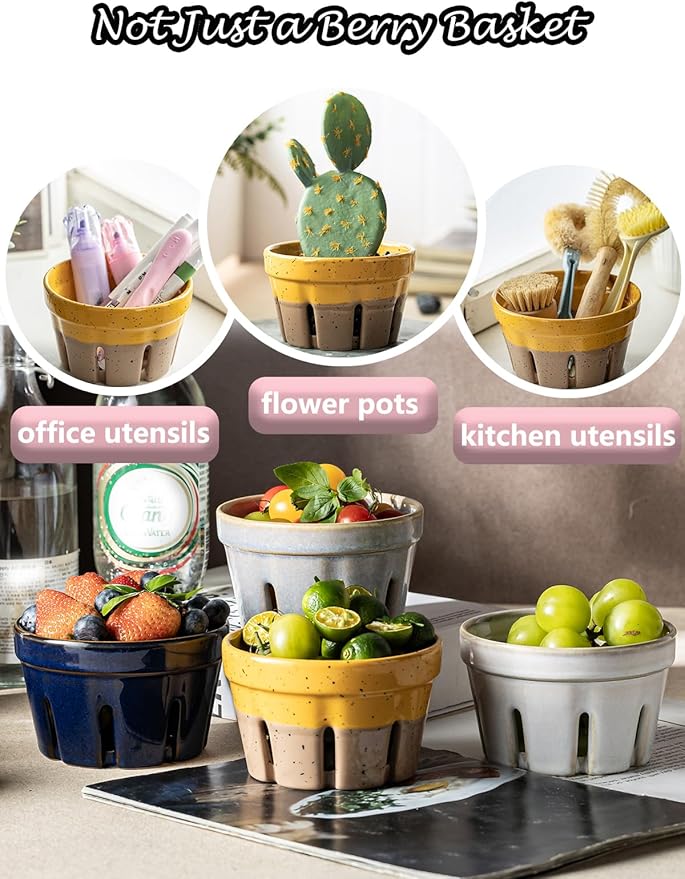 Gomakren Ceramic Fruit Basket Set of 2, Round Fruit Bowls with Holes, Fruit Storage Containers for Fridge, Rustic Berry Basket for Kitchen, Berries, Strawberry, Grape, Cherry, Yellow + Brown