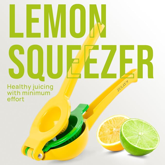 Zulay Metal 2-In-1 Lemon Squeezer Manual - Sturdy, Max Extraction Hand Juicer Lemon Squeezer Gets Every Last Drop - Easy to Clean & Use Citrus Juicer-Yellow/Green