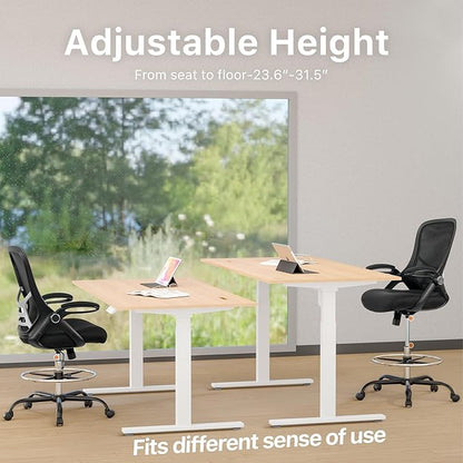 HYLONE Drafting Chair Tall Office Chair High-Back Mesh Standing Desk Stool with Adjustable Footrest Ring and Flip-Up Arms (Black)