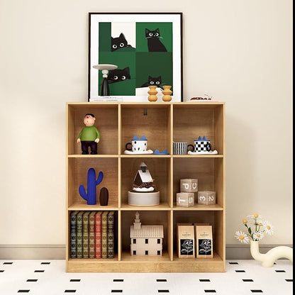 9-Cube Wooden Bookshelf with Base,3-Tier Freestanding Open Storage Organizer,Multi-Functional Bookcase for Living Room,Bedroom,Study and Office (Oak, 9-Cube)