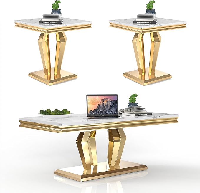 Living Room Coffee Table Set of 3, Modern Marble Coffee Table and 2 End Side Tables, 3-Piece Living Room Table Set with Stainless Steel Base for Living Room (Gold,White)