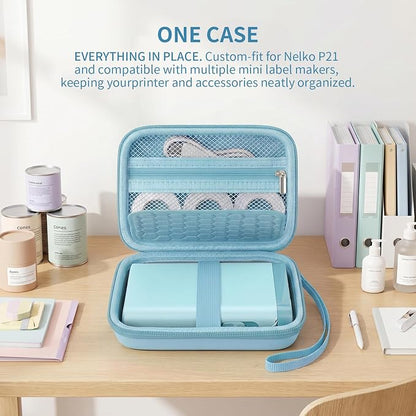 Comecase Case Compatible with Nelko P21/ for Phomemo D30 D35 Label Maker Machine, for JADENS D11/ for SUPVAN Mini Labeler Sticker, Labler Maker Storage for Tape&Accessories (Sky Blue)