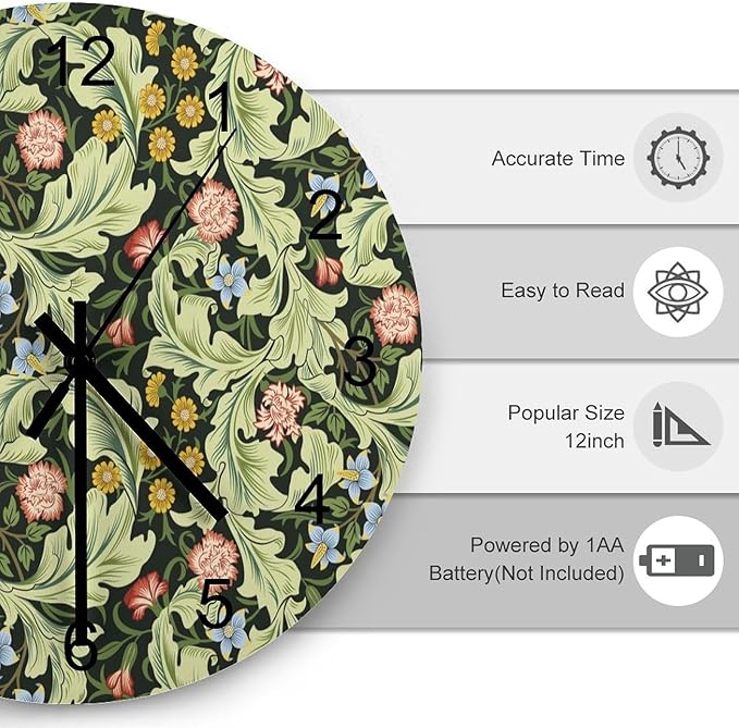 Retro Floral Wall Clock Silent Non Ticking Battery Operated, Vintage William Morris Style Garden Plants Herbs Flowers Botanical Clock Decorative for Bathroom Kitchen Bedroom Living Room(12 Inch)