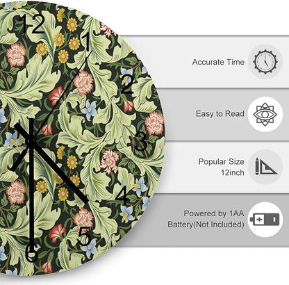 Retro Floral Wall Clock Silent Non Ticking Battery Operated, Vintage William Morris Style Garden Plants Herbs Flowers Botanical Clock Decorative for Bathroom Kitchen Bedroom Living Room(12 Inch)