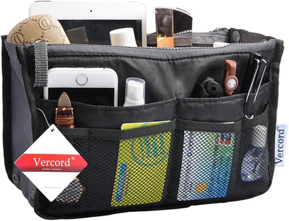 Vercord Purse Organizer Insert for Handbags Bag Organizers Inside Tote Pocketbook Women Nurse Nylon 13 Pockets Black Large