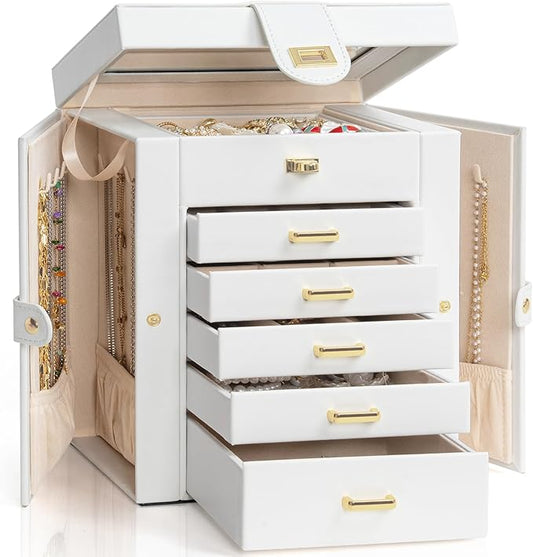 AKOZLIN 6-Tier Jewelry Box Organizer Functional 5 Drawers Leather Jewelry Storage Case for Women Girls Ring Necklace Earring Bracelet Holder Organizer with Mirror White Regular