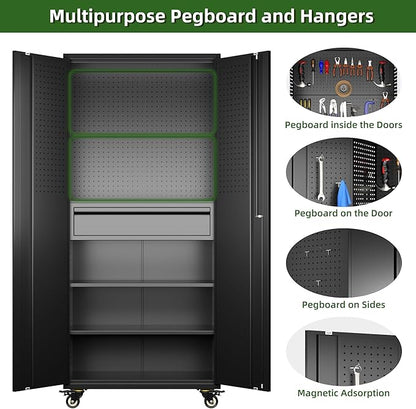 Aobabo Garage Storage Cabinet with Wheels, Metal Tool Storage Cabinet with 1 Drawer for Home,Assembly Required,Black