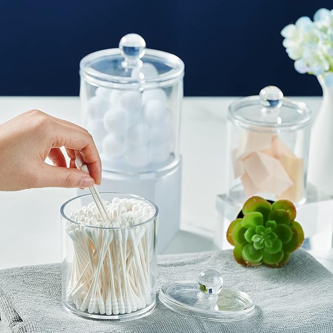 SheeChung Clear Acrylic Qtip Holder with Labels–Shatterproof Plastic Apothecary Jars for Bathroom Organization–Vanity Cotton Swab Holder Canisters for Cotton Balls, Pads, Floss Picks-Minimalist Decor