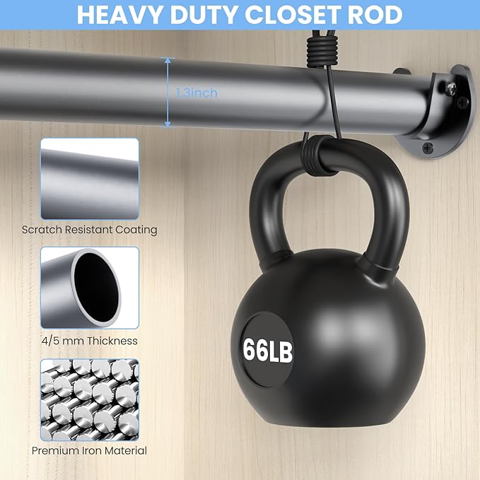 Closet Rods for Hanging Clothes, 17 to 54 Inches No-Cut Stepless Adjustable Closet Rod, 1.3 Inches Expandable Metal Heavy Duty Closet Hanging Rod for Closet Wardrobe Bathroom Laundry RV, Silver