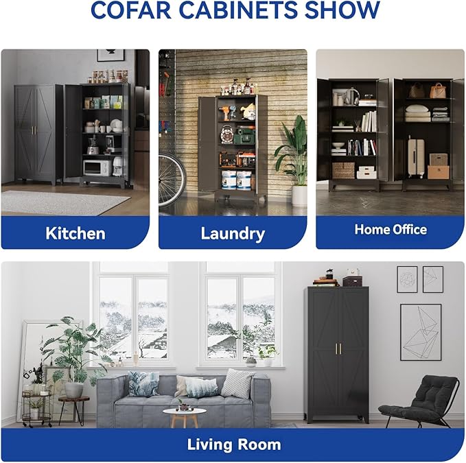 COFaR Black Metal Cabinet, 61 in Tall Metal Storage Cabinet with 3 Adjustable Shelves and Barn Doors, Farmhouse Cabinet Pantry Cupboard for Garage Office Room Kitchen Shop, Black 4 Tiers