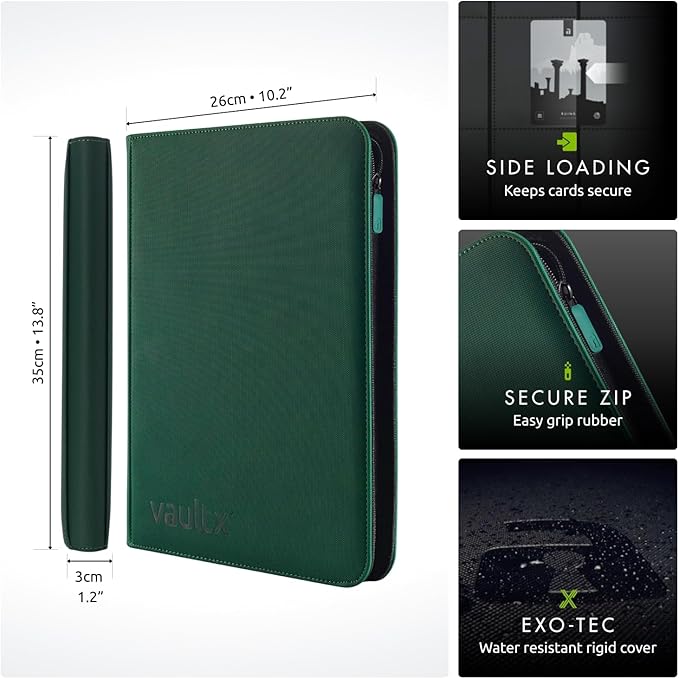 Vault X 9 Pocket Zip Binder, 360 Cards, Exo-Tec Material, 20 Side-Loading Pages (Green)
