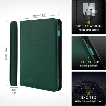 Vault X 9 Pocket Zip Binder, 360 Cards, Exo-Tec Material, 20 Side-Loading Pages (Green)