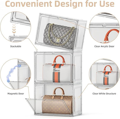 5 Pack Purse Organizer for Closet, Handbag Storage Organizer Stackable Display Case with Magnetic Door, Closet Storage Bins for Handbag, Purse, Backpack, Collectibles, White
