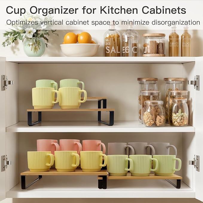 2-Tier Expandable Coffee Mug Holder for Cabinet, Black Metal & Bamboo Cup Organizer Rack, Kitchen Counter Shelf for Spices & Tea, Coffee Bar Accessories Storage, Sturdy Pantry Insert (Natural)