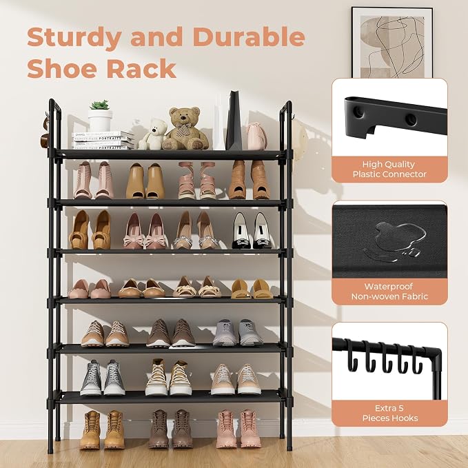 LANTEFUL 6 Tier Shoe Rack for Closet Shoe Organizer with 5 Hooks, Long Shoe Shelf Storage for Shoe and Boot Stackable Free Standing Shoe Rack for Entryway, Garage, Small Spaces, Dorm, Black