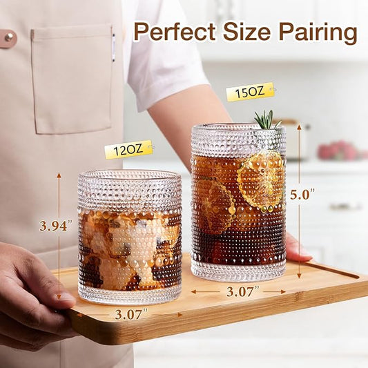 LUNA & MANTHA Drinking Water Glasses Set, Lead-Free Crystal Highball Glass, Tall Glass Cups for Cocktail Parties,Hobnail set of 8,15oz&12oz